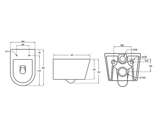 Technische tekening van een toilet met afmetingen