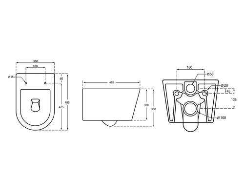 Technische tekening van een wandcloset met maatvoering