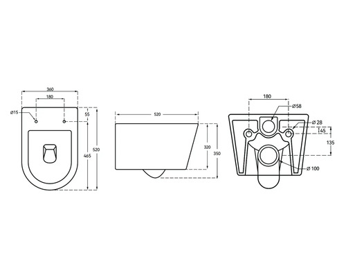 Technische tekening van een wandcloset met maatvoering