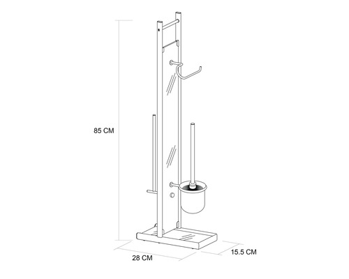 Schets van een vrijstaande toiletpapierhouder met toiletborstel, hoogte 85 cm, breedte 28 cm, diepte 15,5 cm