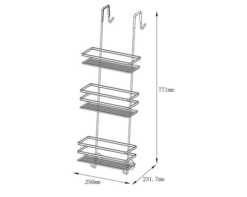 Technische tekening van een doucherek met drie planken en haken om op te hangen.