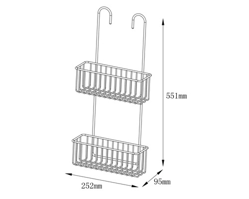 Douche-rek met twee opbergmanden en haken, afmetingen 551 x 252 x 95 millimeter
