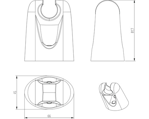 Technische tekening van een douchehouder met maatvoering