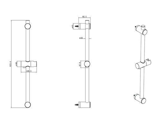 Technische tekening van een douchestang met afmetingen