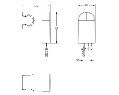 Technische tekening van een douchehouder met maatvoering