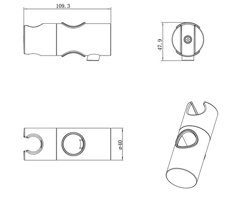 Technische tekening van een douchestanghouder met maataanduidingen