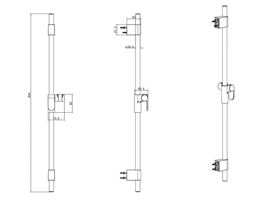 Technische tekening van een douchestang met afmetingen
