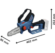Bosch accukettingzaag met afmetingen van 402 mm lengte, 96 mm breedte en 253 mm hoogte.