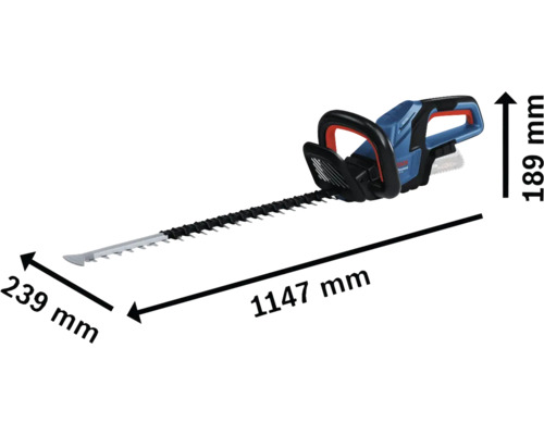 Bosch accu heggenschaar met afmetingen 1147 mm lengte, 239 mm breedte en 189 mm hoogte.
