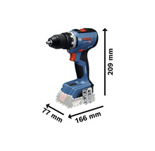 Bosch accuschroefboormachine met afmetingen 209 mm hoog, 77 mm breed en 166 mm lang