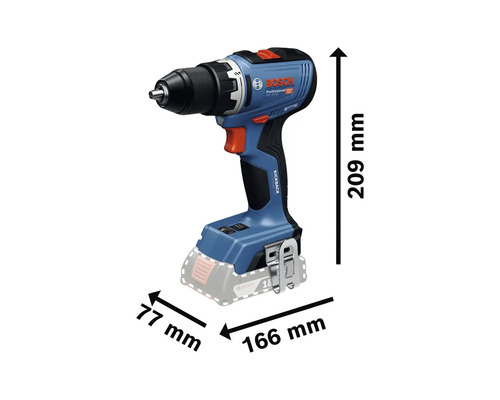 Bosch accuschroefboormachine met afmetingen 209 mm hoog, 77 mm breed en 166 mm lang