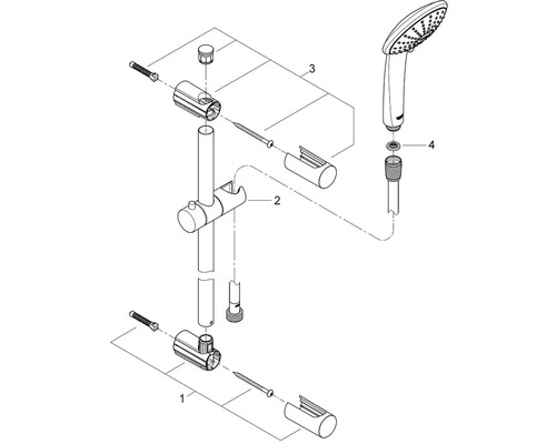 Explosietekening van een douchestang met handdouche en bevestigingsmateriaal