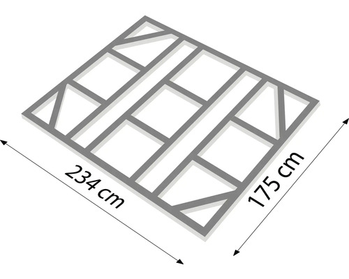 Illustratie van een straatsteenframe met de afmetingen 234 bij 175 centimeter.