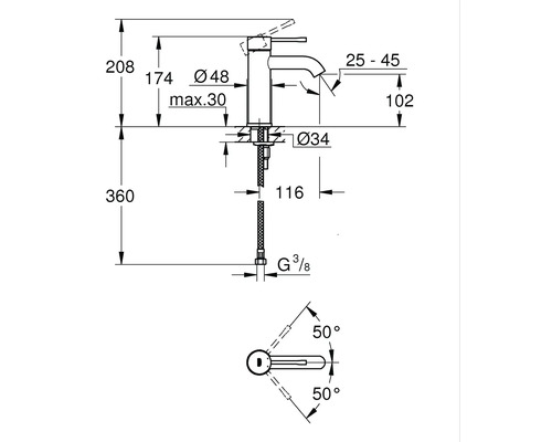 Technische tekening van een kraan met afmetingen