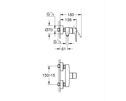 Technische tekening van een kraan met afmetingen