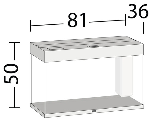 Afbeelding van een aquarium met maatvoering: 50 cm hoog, 81 cm lang en 36 cm breed.