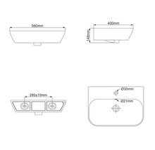 Technische tekening van een wastafel met afmetingen