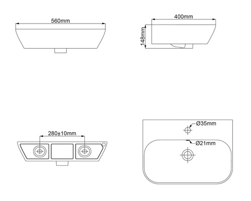Technische tekening van een wastafel met afmetingen