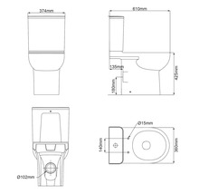 Technische tekening van een staand toilet met afmetingen.