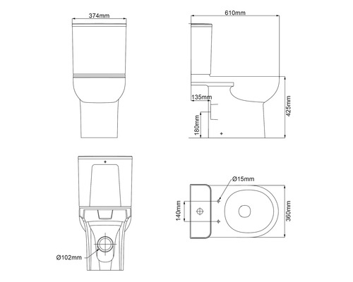 Technische tekening van een staand toilet met afmetingen.