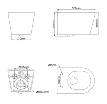 Technische tekening van een wandcloset met maatvoering