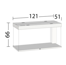 Afmetingen van een aquarium met de afmetingen 121 cm breed, 51 cm diep en 66 cm hoog.