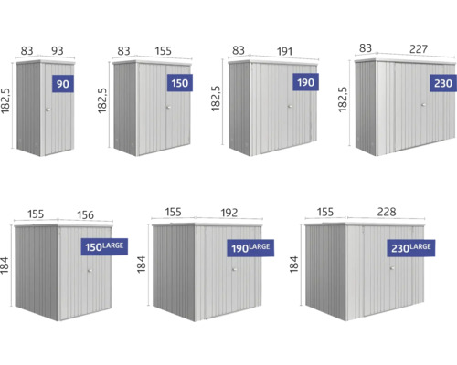 Verschillende maten metalen kasten met breedtes van 90 cm, 150 cm, 190 cm en 230 cm