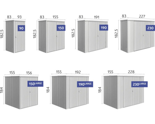 Afbeelding van verschillende tuinkasten met maataanduidingen