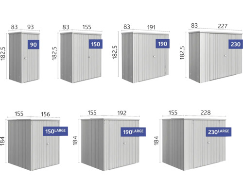 Verschillende maten metalen tuinhuisjes met de respectieve afmetingen