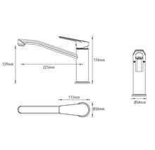 Technische tekening van een keukenkraan met afmetingen
