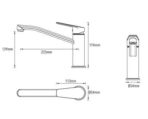 Technische tekening van een keukenkraan met afmetingen
