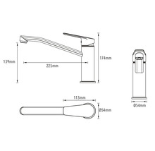 Technische tekening van een keukenkraan met afmetingen