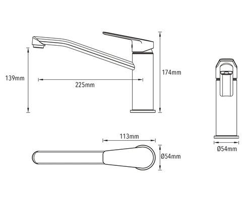 Technische tekening van een keukenkraan met afmetingen