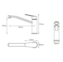 Technische tekening van een keukenkraan met maataanduidingen