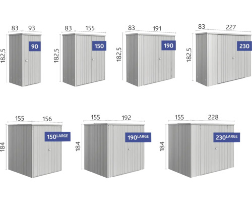 Verschillende maten metalen kasten met maataanduidingen