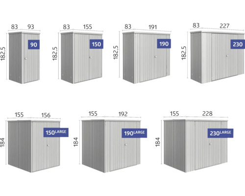 Diverse maten tuinhuizen met afmetingen