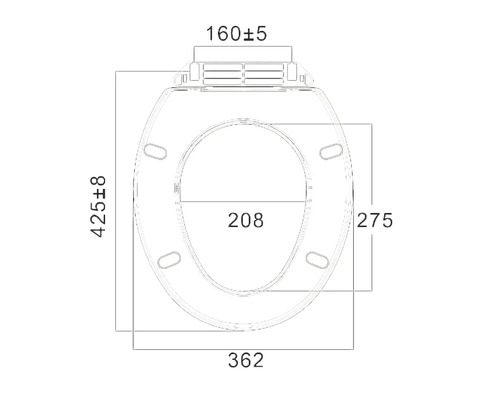 Technische tekening van een toiletbril met afmetingen