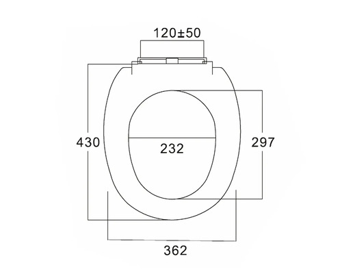 Technische tekening van een toiletbril met afmetingen