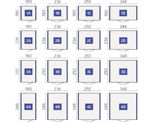 Maatoverzicht met afmetingen van verschillende rechthoekige vormen