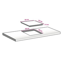 Tekening van werkblad met uitsparing en bijbehorende afdekking met afmetingen