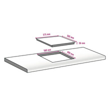 Technische tekening van een kookplaat met afmetingen voor installatie.
