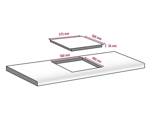 Technische tekening van een kookplaat met afmetingen voor installatie.