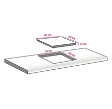 Afbeelding van een werkblad met uitsparing en de bijbehorende afmetingen.