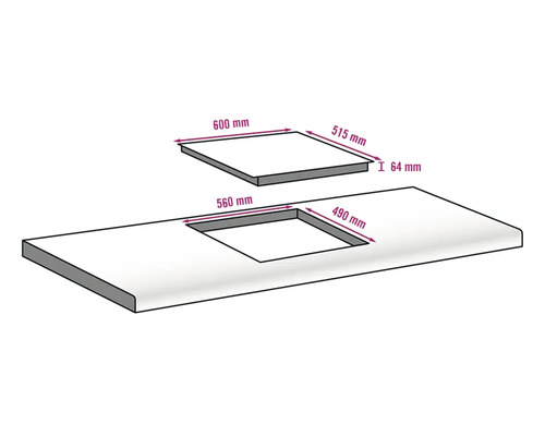 Maattekening van een kookplaat en werkblad met de afmetingen 600 mm, 515 mm, 64 mm, 560 mm en 490 mm.