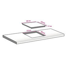Maatschets voor kookplaat met afmetingen 590 mm x 520 mm en een hoogte van 57 mm, evenals de afmetingen voor de uitsparing in het werkblad 570 mm x 490 mm.
