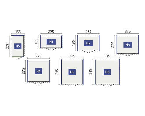 Afmetingen van verschillende tuinhuizen: HS, H1, H2, H3, H4, H5 en H6.