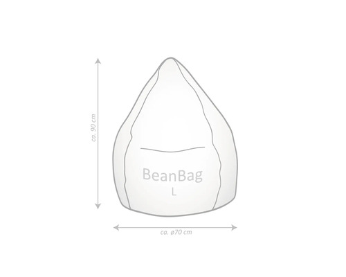 Afbeelding van een zitzak met de afmetingen circa 90 centimeter hoogte en circa 70 centimeter diameter.