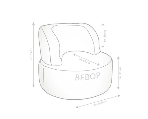 Bebop fauteuil met afmetingen van circa 65 cm hoog, circa 85 cm diameter, circa 65 cm breed en circa 30 cm rugleuninghoogte