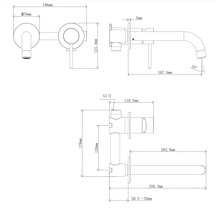 Technische tekening van een wandkraan met afmetingen