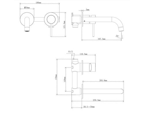 Technische tekening van een kraan met afmetingen
